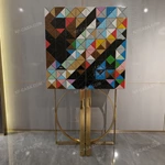 Tall Four-Door Sideboard with Multicolor Faceted Geometric Panels Nine Internal Drawers and Gold-Tone High-Gloss Stainless Steel Circular Base